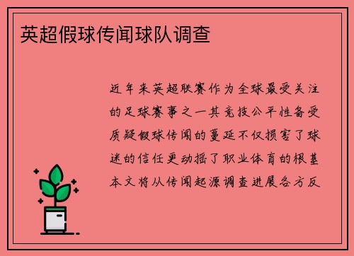 英超假球传闻球队调查