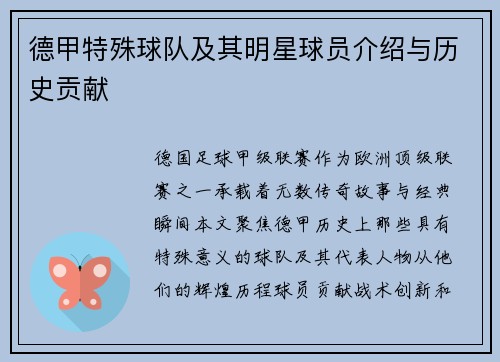 德甲特殊球队及其明星球员介绍与历史贡献