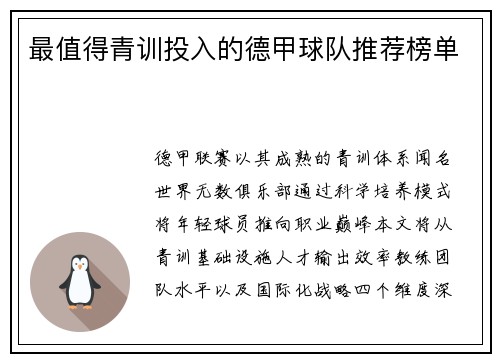 最值得青训投入的德甲球队推荐榜单